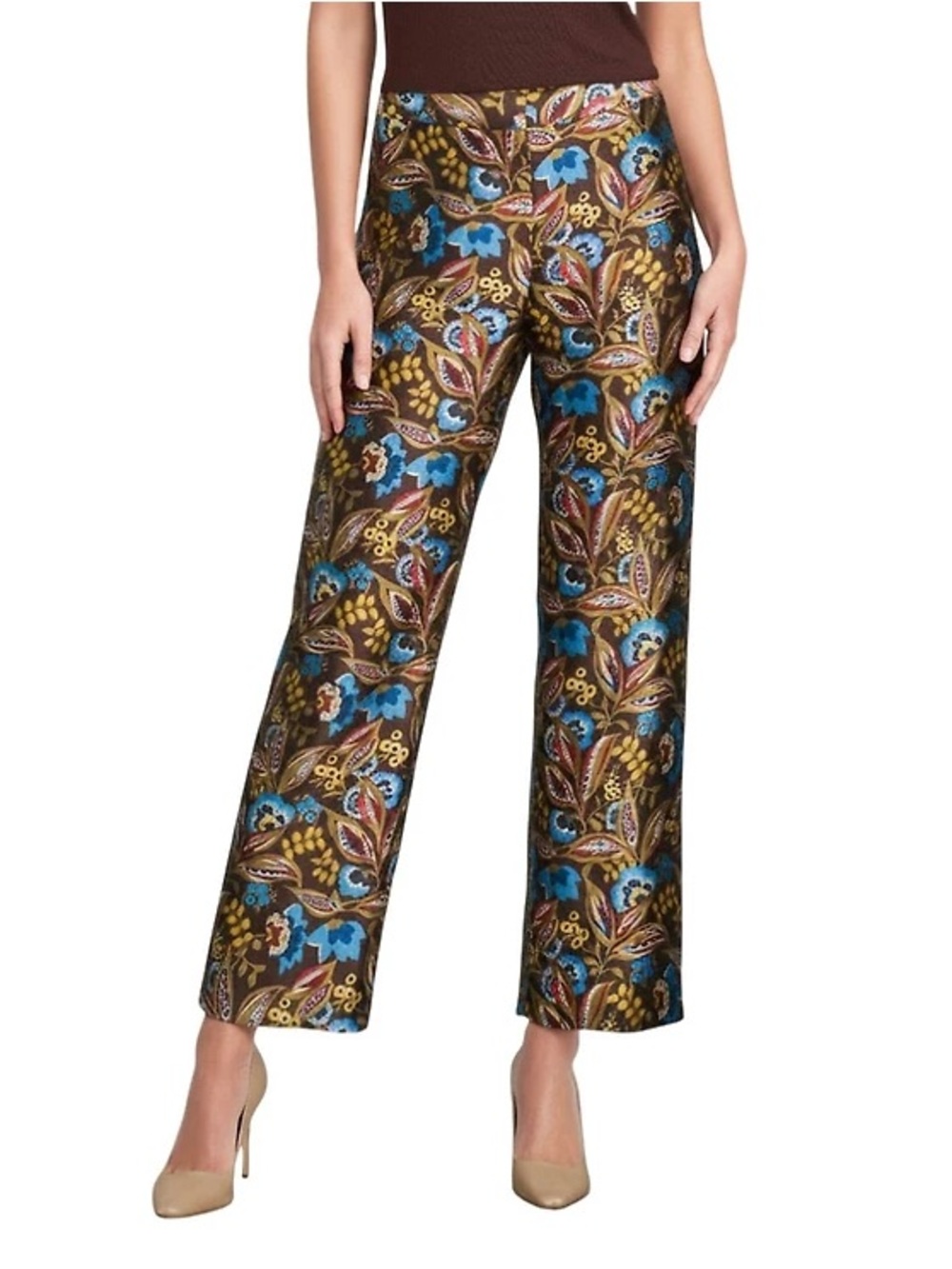Preston & York Wide-Leg Floral Satin Pants in Brown and Blue